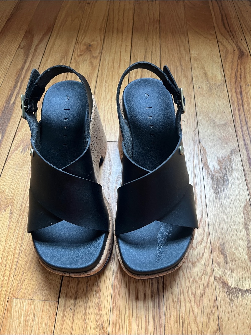 Reef Black Crisscross Slingback Cork Wedges